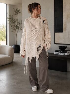 Hot & Delicious Distressed Knit Shaggy Sweater